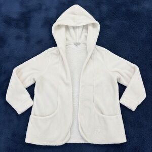 Keren Hart Women's White Fuzzy Hooded Open Front Fleece Jacket Cardigan | L
 b86
